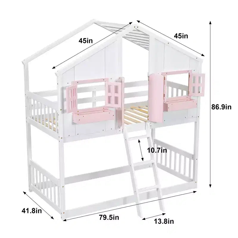 Twin Size House-Shaped Loft Bed, Wood Playhouse Loft Bed with Ladder & Guardrails for Kids