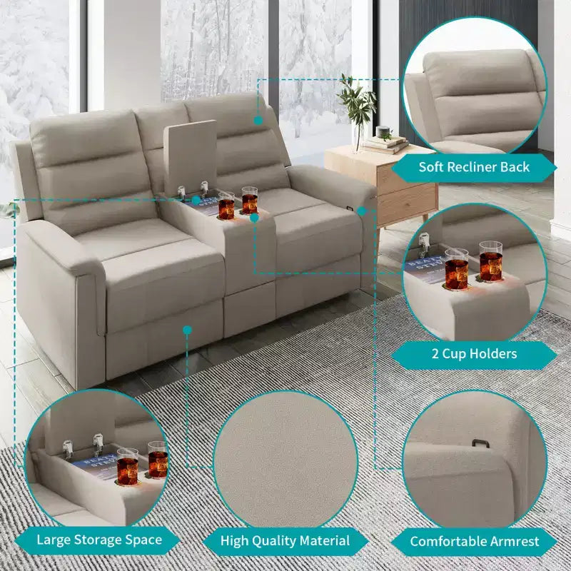 Beige/Gray Tech Fabric Reclining Loveseat Sofa, 2-Seat, Adjustable Backrest & Footrest