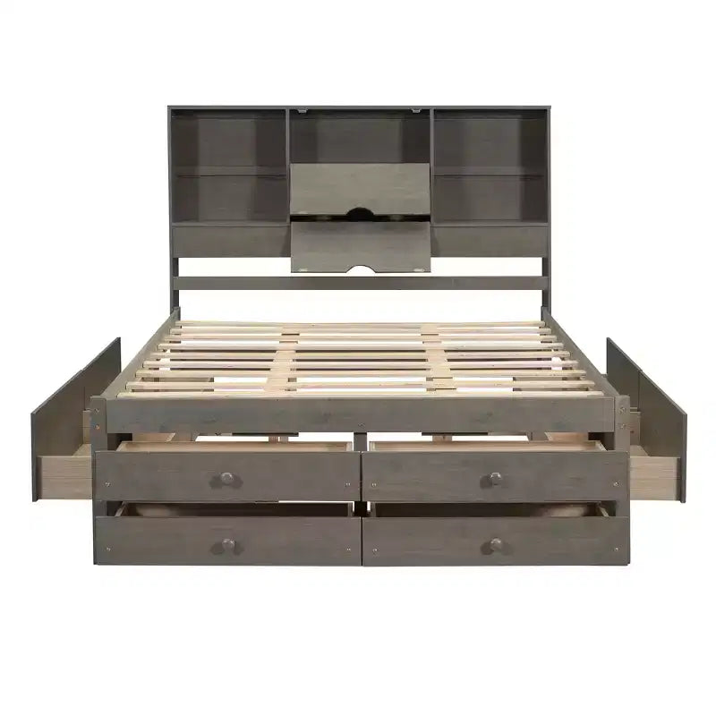 Queen Size Platform Bed with Storage Shelf and 8 Drawers, Easy Assembly