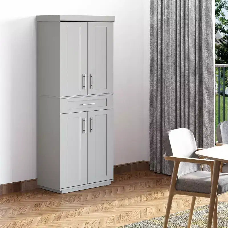 Modern Kitchen Pantry Freestanding Cabinet Cupboard with Doors and Drawer, Adjustable Shelving