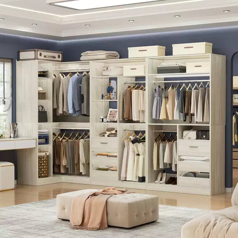 Besiost Set of 3 Corner Closet System with Tower Shelves and Drawers, Freestanding Closet Organizer with Hanging Rods