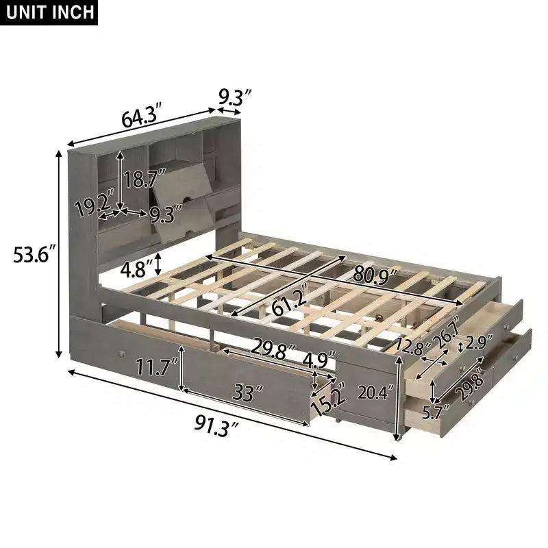 Queen Size Platform Bed with Storage Shelf and 8 Drawers, Easy Assembly
