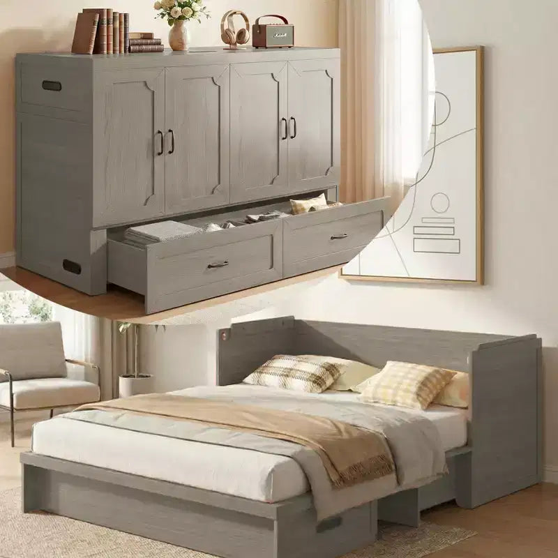 Mjkone Queen Size Convertible Murphy Cabinet Bed with Mattress, USB Charging, Storage Drawers
