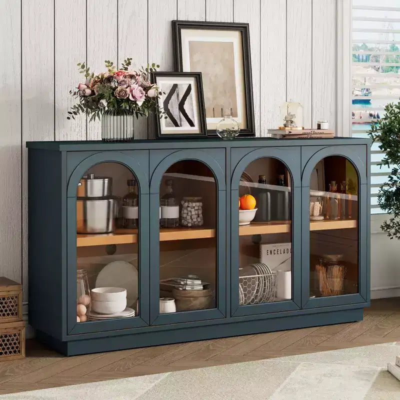 4-Door Large Storage Buffet Cabinet with Glass Doors, Arched Cabinet with Adjustable Shelves for Kitchen