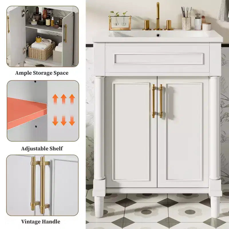 24 Bathroom Vanity with Ceramic Sink, Shaker Cabinet, 2 Soft-Close Doors, Solid Wood Frame for Small Bathroom or Powder Room