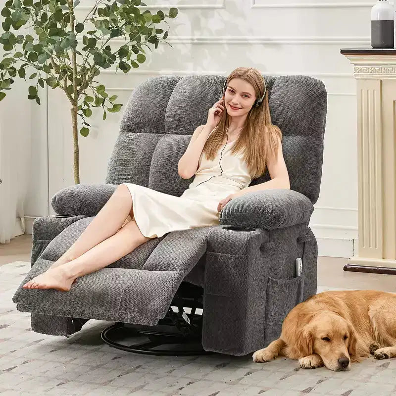 Oversized Recliner Chair for Adults, Manual Swivel Rocker Sofa, Side Pockets & Cup Holders for Big and Tall Persons, Living Room