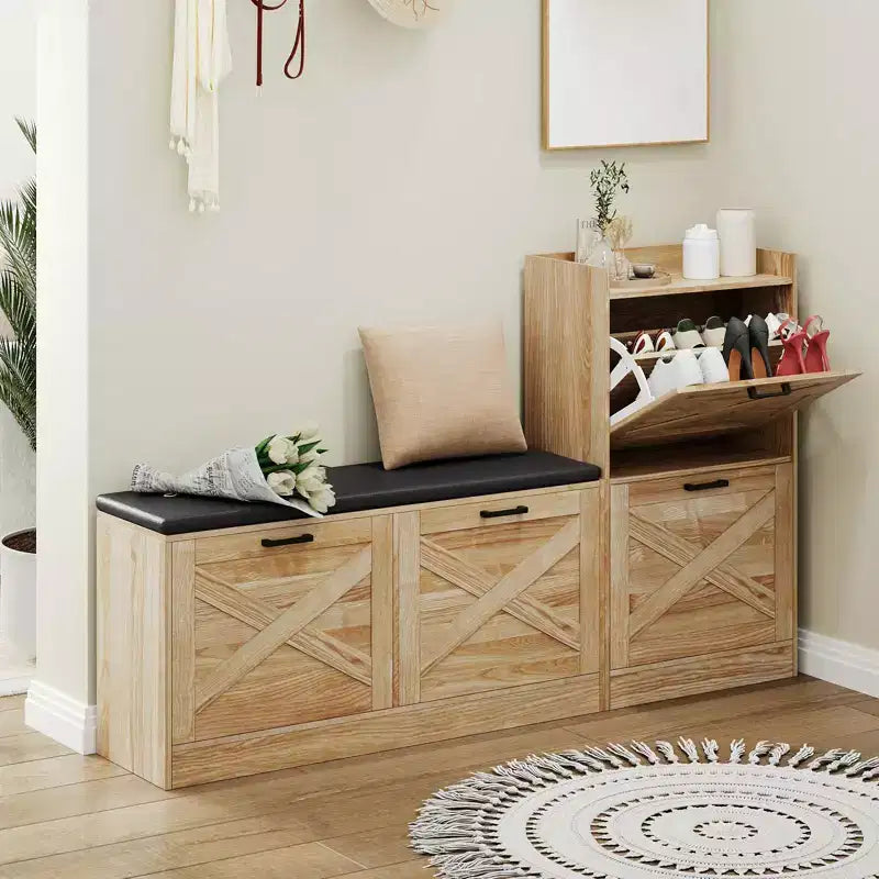 Farmhouse Shoe Cabinet, Wooden Entryway Bench with 4 Flip Drawers, Narrow Hidden Shoe Organizer, Freestanding Shoe Rack for Hallway Foyer