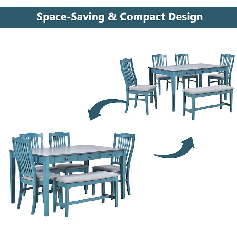6-Piece Wooden Dining Table Set with 4 Chairs & Bench, Table with Drawer