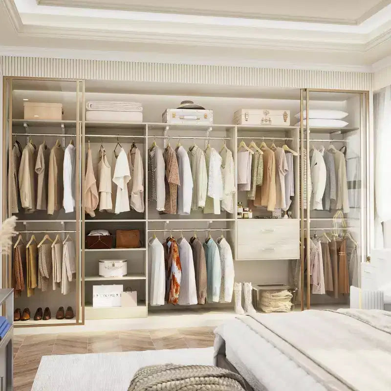 Besiost Freestanding Closet System with 8 Hannging Rods and Drawers, Hanging Closet Organizer with 10 Shelves
