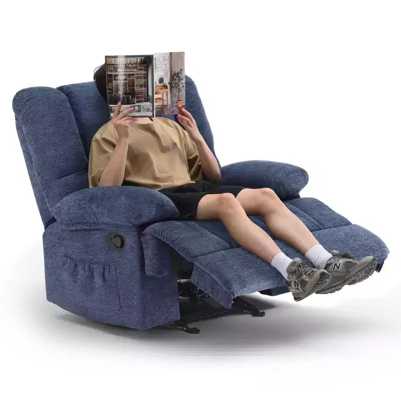 Blue Oversized Rocking Recliner Chair with Chenille Upholstery