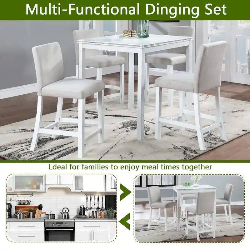 Ensemble de salle à manger moderne 5 pièces avec table carrée hauteur comptoir et 4 chaises rembourrées