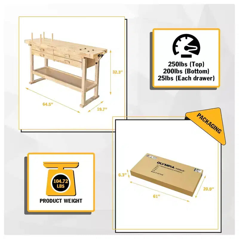 Olympia Tools 60 Rubber Hardwood Workbench, 4 Drawers, 450 lbs Weight Capacity