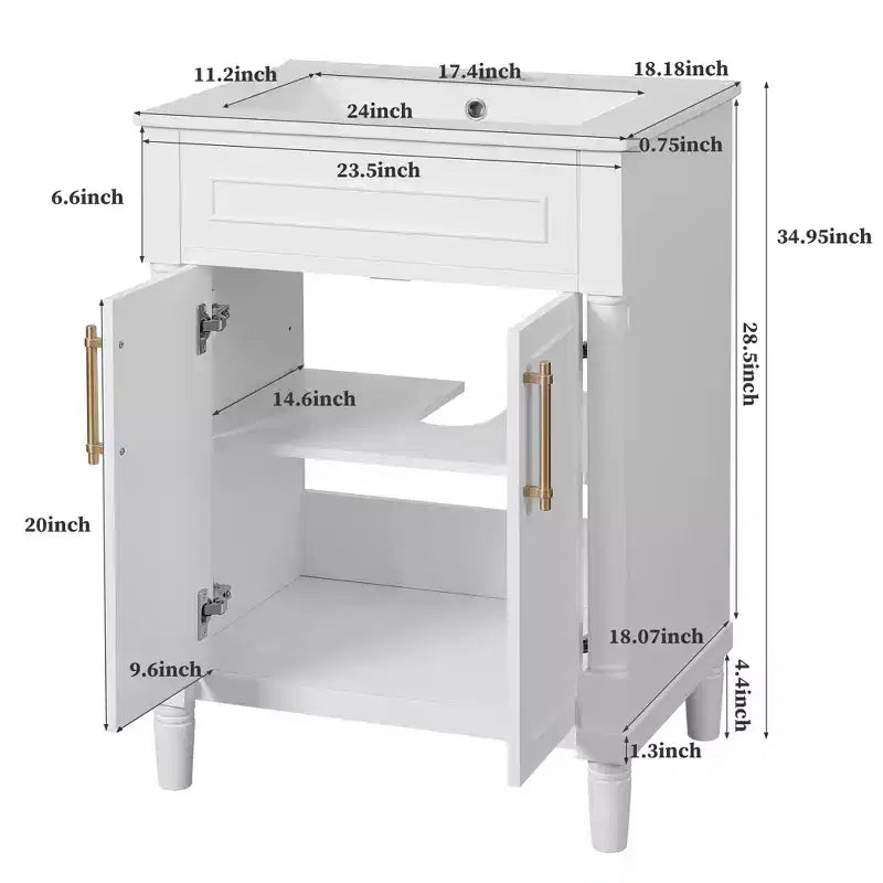 24 Bathroom Vanity with Ceramic Sink, Shaker Cabinet, 2 Soft-Close Doors, Solid Wood Frame for Small Bathroom or Powder Room