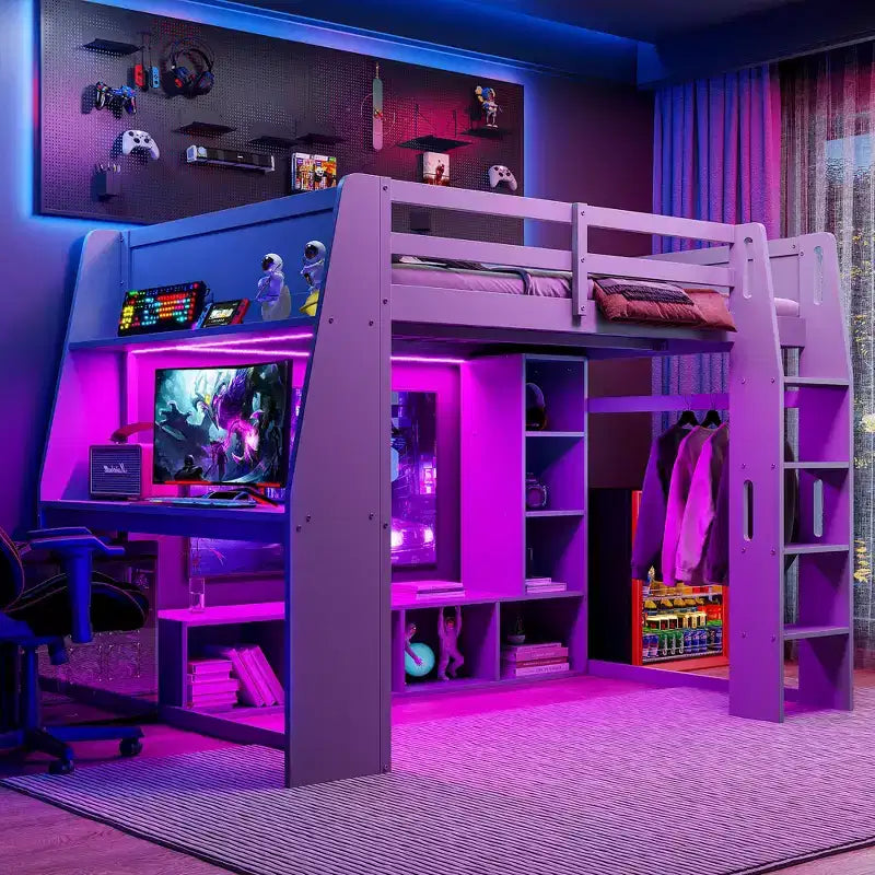 Whisen Wood Twin Size Gaming Loft Bed with Desk, Multi-storage Shelves, LED and a Hanging Clothes Rack