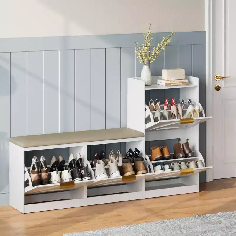 Shoe Storage Bench with 5 Flip Drawers & Tiered Shelf, 18-Pair Shoe Cabinet Organizer with Cushioned Seat, Narrow Entryway Shoe Rack for Hallway