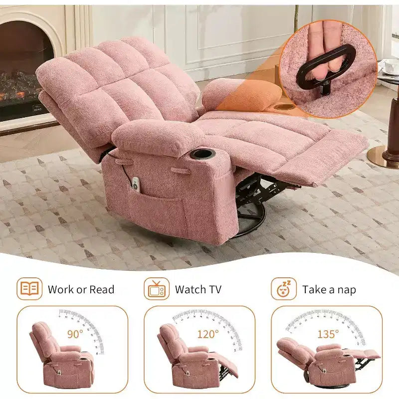 Oversized Recliner Chair for Adults, Manual Swivel Rocker Sofa, Side Pockets & Cup Holders for Big and Tall Persons, Living Room