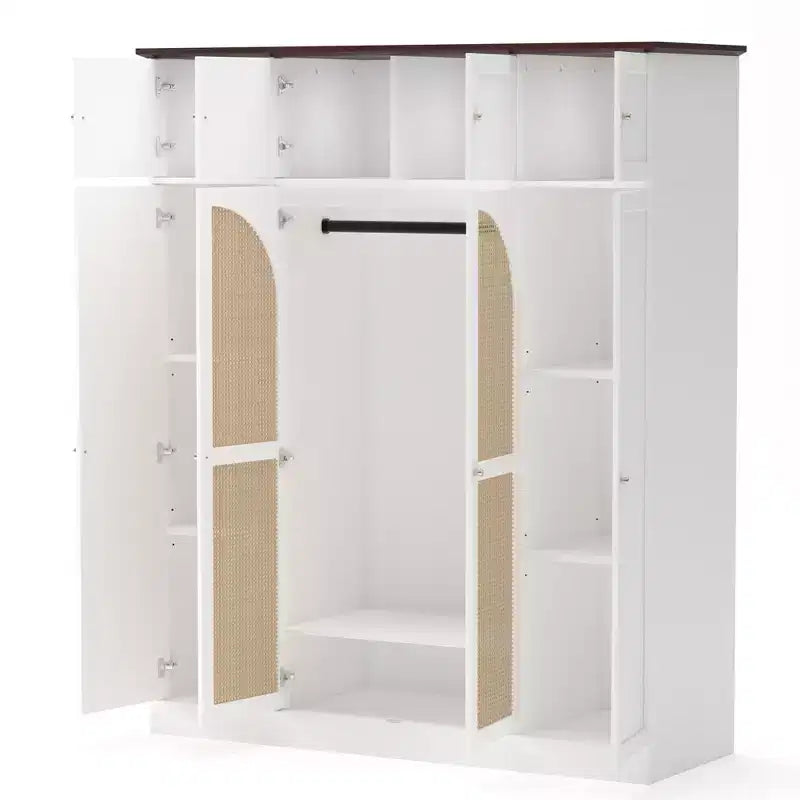 70.87Tall 8-Door Large Capacity Armoire Wardrobe Closet with Hanging Rod, Adjustable Shelves and Rattan Decorative Doors
