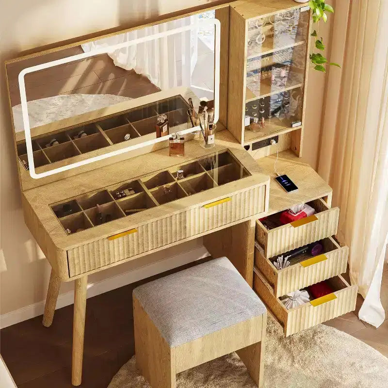 Coiffeuse de maquillage cannelée de 48 pouces avec grand miroir et lumières, coiffeuse de maquillage moderne avec station de charge et tabouret de rangement rembourré pour la maison