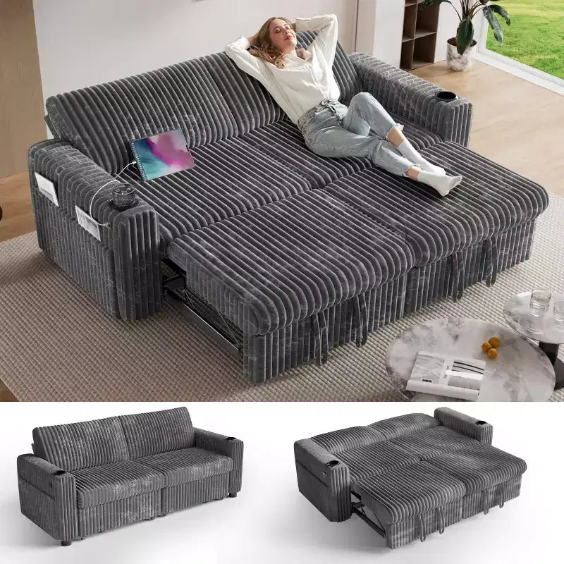 Dyonery 91 Sectional Sleeper Sofa Bed with Pull Out Bed,Reclining Backrest/Two Pull Out Beds/USB Ports/Cup Holders, Plush Corduroy