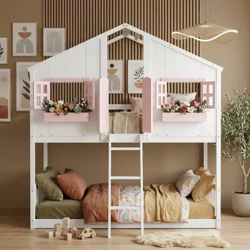 Twin Size House-Shaped Loft Bed, Wood Playhouse Loft Bed with Ladder & Guardrails for Kids