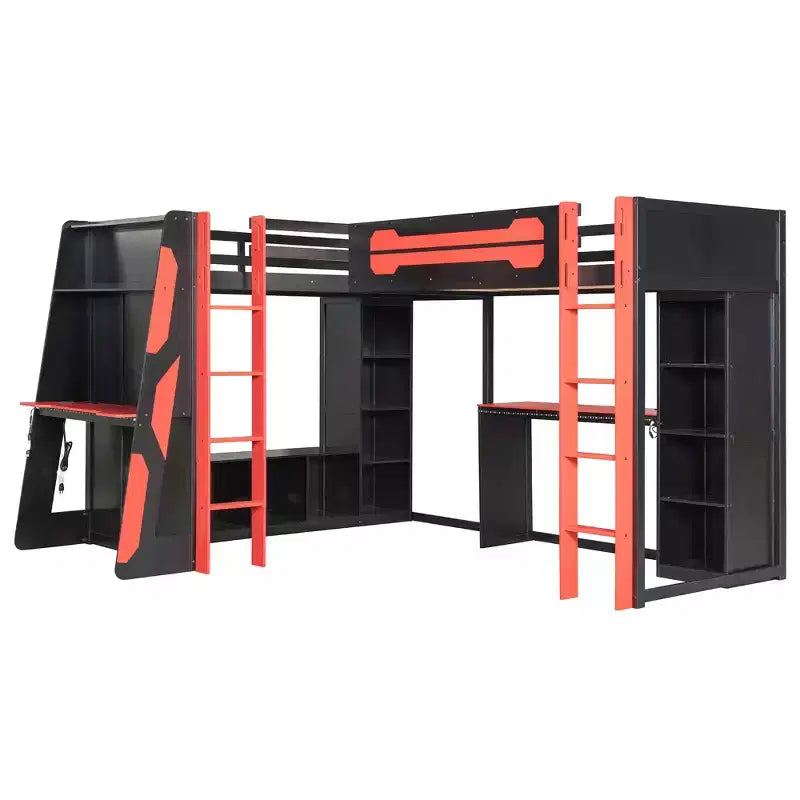 L-Shaped Gaming Loft Bed with Desks, Double Twin Loft Beds with LED Lights, USB Ports, Storage Bookshelves, Wood Corner Loft Bed for 2