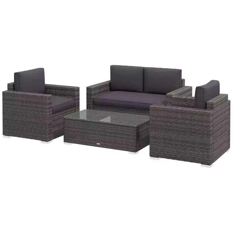 4 Pieces Rattan Sofa Set Wicker Patio Sofa Set with Loveseat Chairs Glass Top Coffee Table for Garden Outdoor
