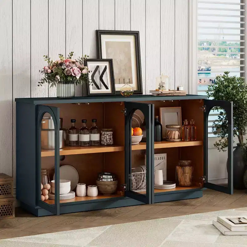 4-Door Large Storage Buffet Cabinet with Glass Doors, Arched Cabinet with Adjustable Shelves for Kitchen