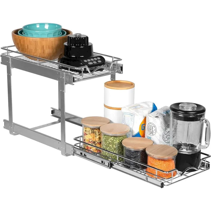 Pull Out Cabinet Organizer 2 Tier  Heavy Duty Metal with Lifetime Limited Warranty - Anti Rust Chrome Finish