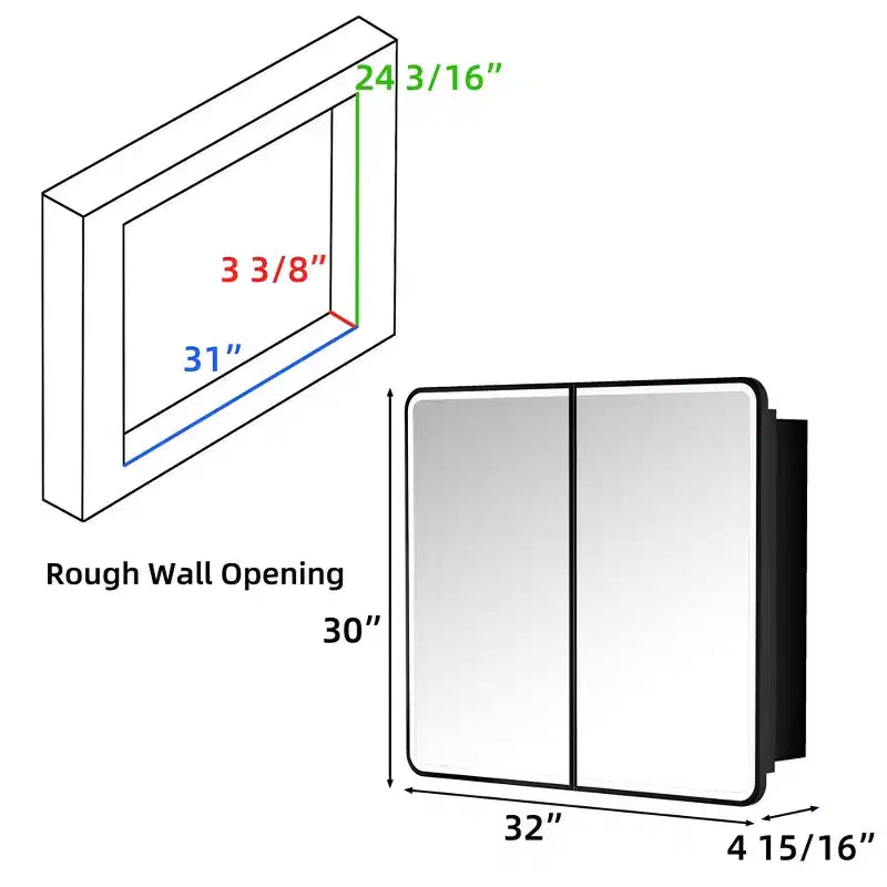 Black / White / Gold LED Medicine Cabinet, Single Door, Left or Right Hinge, Recessed or Wall-Mounted