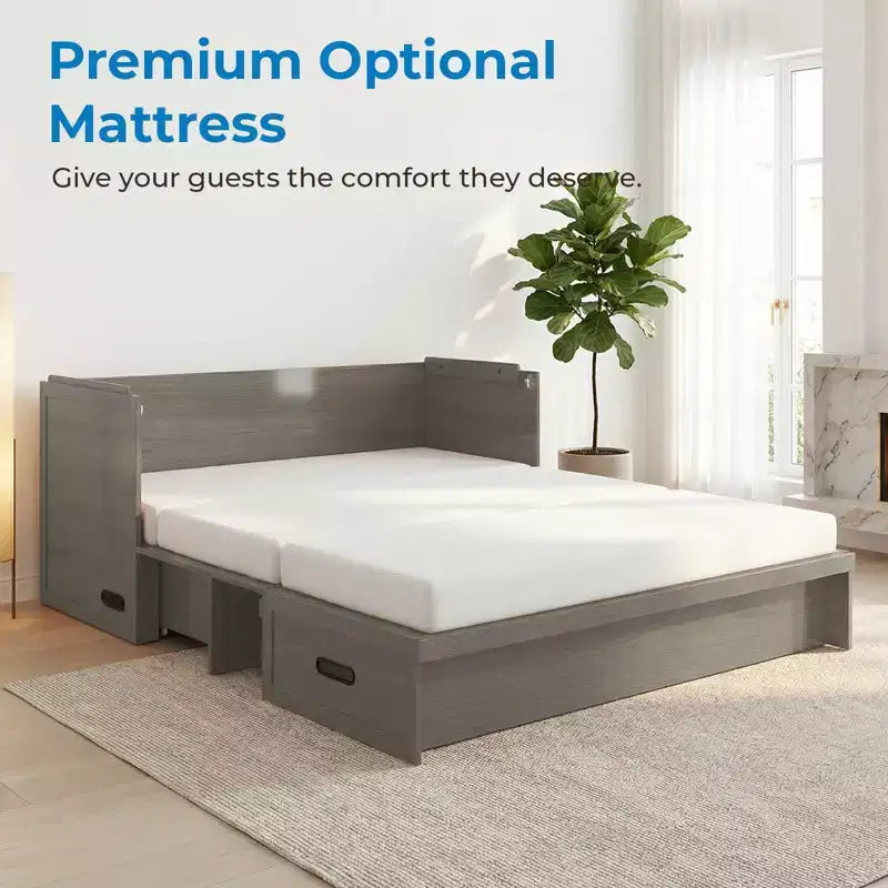 Mjkone Queen Size Convertible Murphy Cabinet Bed with Mattress, USB Charging, Storage Drawers