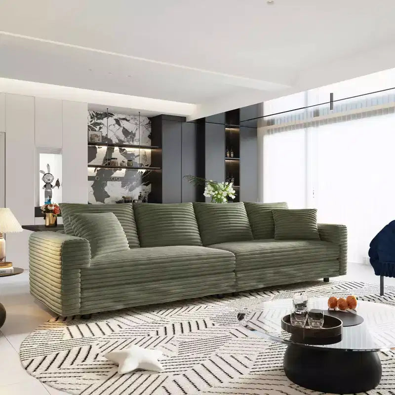 102.4 Plush Corduroy 4-Seat Convertible Sofa with Ottomans - Green