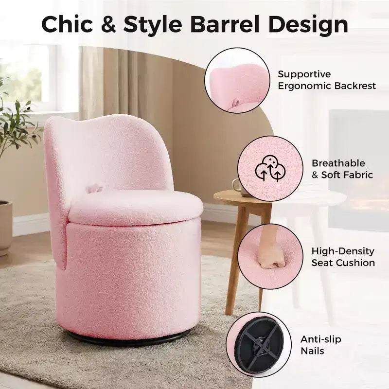 Swivel Vanity Chair with Storage, Upholstered Round Makeup Stool with Back, Soft Padded Barrel Accent Armchair for Bedroom & Living Room