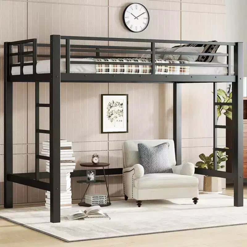 Metal Loft Bed, Space-Saving Loft Bed Frame with Dual Ladders & Guardrails, Black - ModernLuxe