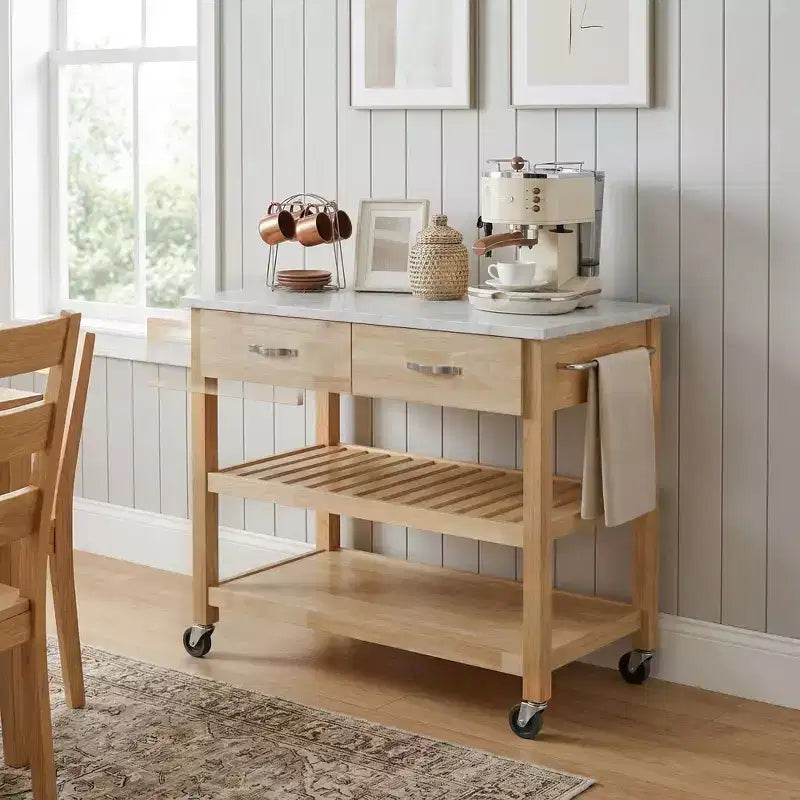 Rolling Kitchen Cart with Marble Top Solid Wood Kitchen Island Cart with 2 Drawers 3-Tier Kitchen Trolley with Lockable Detachable Wheels & Towel Rack