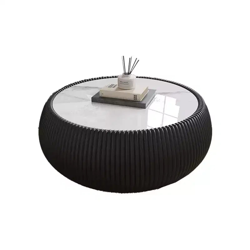 Okak Modern Round Drum Shape Coffee Table with Marble Top & Leather Side,Fashionable Center Table for Living Room,Bedroom