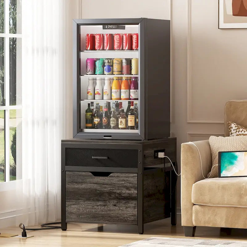 Mini Fridge Stand with Charge Station, Side/ End Table with Storage Drawers and Rolling Cabinet