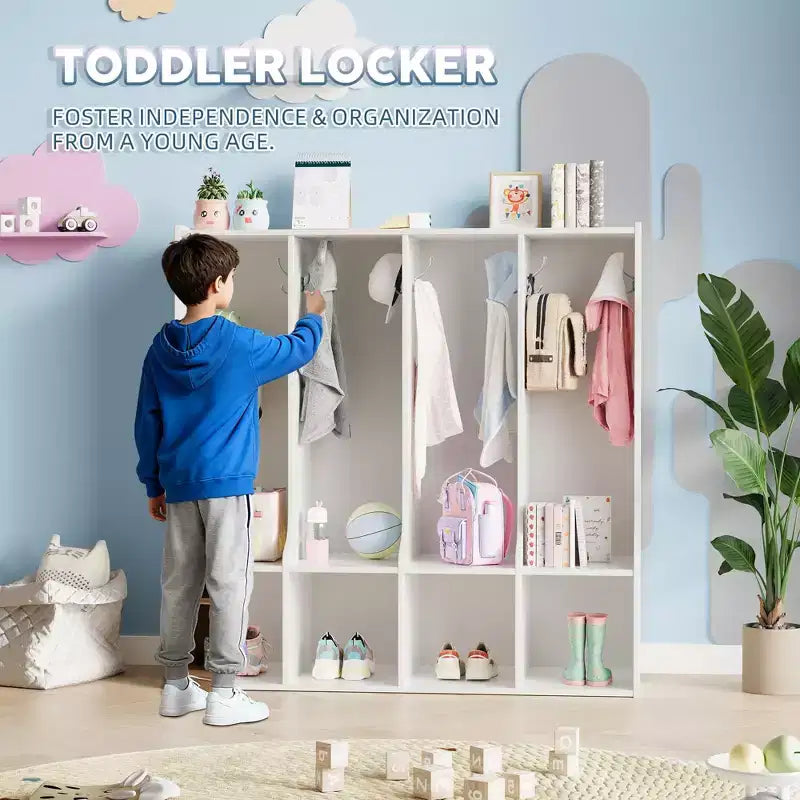 Brown/White 4-Section Cubby Locker with 8 Hooks, for Kids