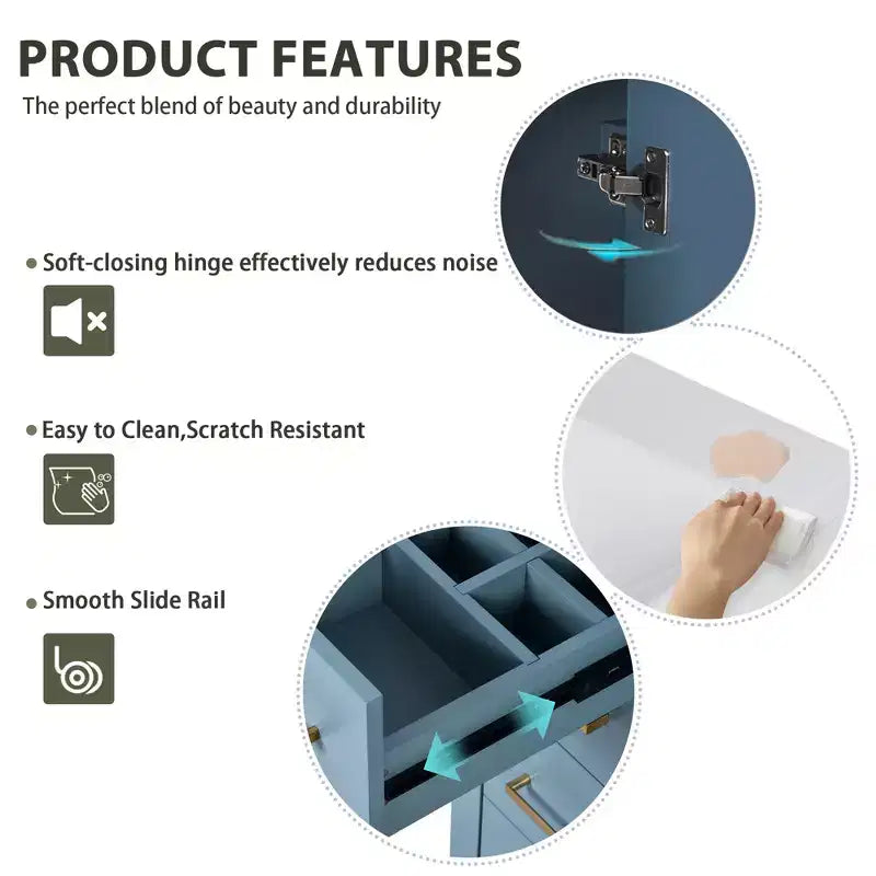 Meuble-lavabo de salle de bain à évier simple de 76 cm avec armoire et 3 tiroirs – Noir / Bleu / Vert / Indigo / Blanc