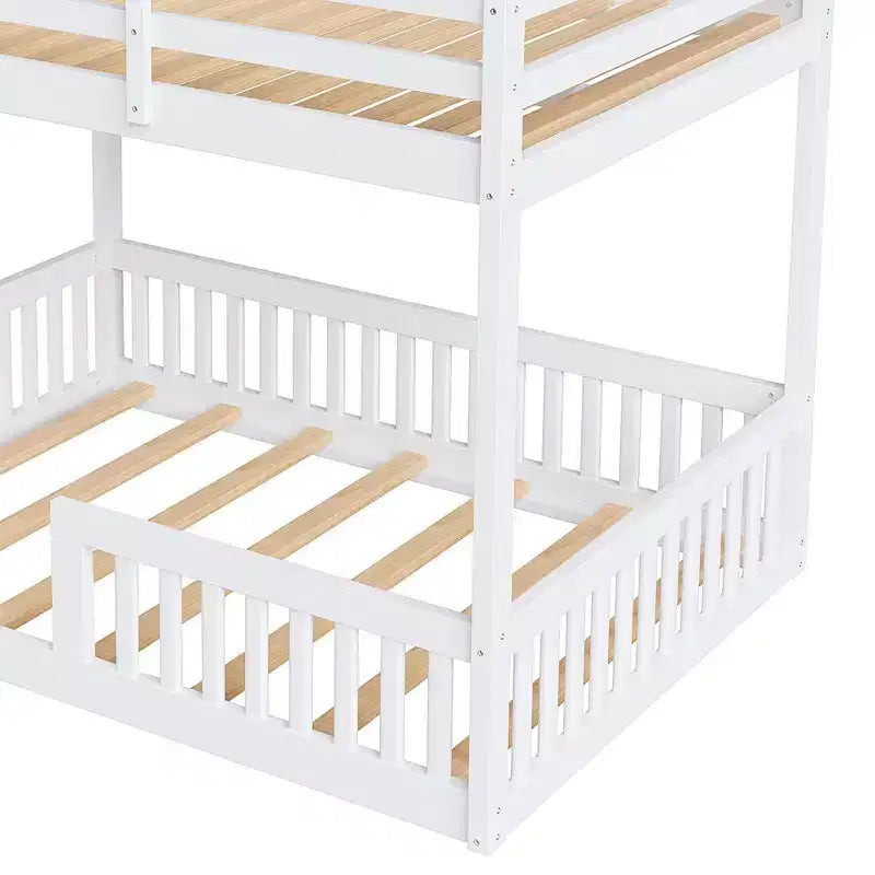 Full over Full Wooden Bunk Bed with Ladder and Guardrails, Low Floor Full Size Bunk Beds with Slats Support