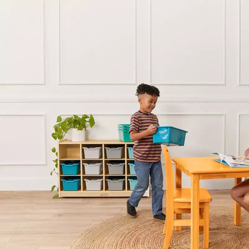Cubby Mobile Tray Cabinet and 15 Scoop Front Bins, 3x4, Kids Furniture
