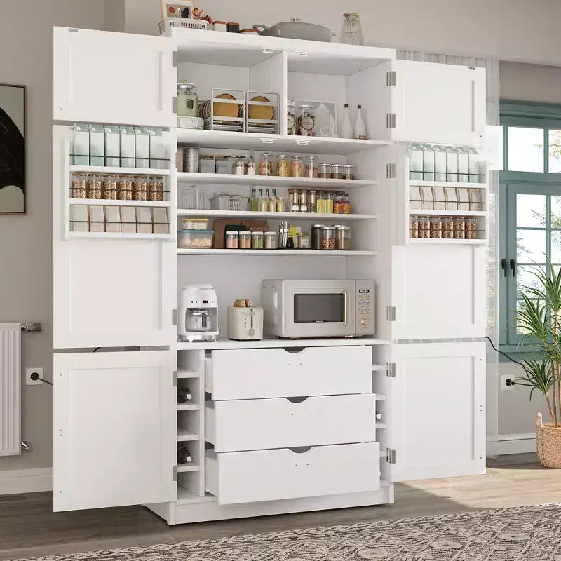Tall Kitchen Pantry Cabinet with Power Outlets, Large Freestanding Cupboard with Microwave Stand, Drawers, Shelves, Wine Racks & Door-Shelf