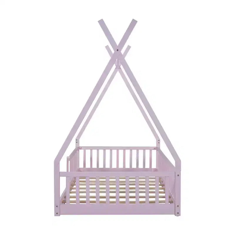 Floor Bed for Kids, Twin Size Tent Beds, Montessori Floor Bed with Slats and Fence Rails, Wood House Bed Frame for Boys Girls