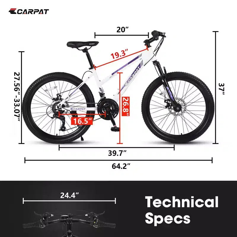 VTT Okak 24/26 pouces avec 21 vitesses et double freins à disque, vélo pour enfants avec suspension avant de 100 mm, Dirt Bike pour adolescents et femmes