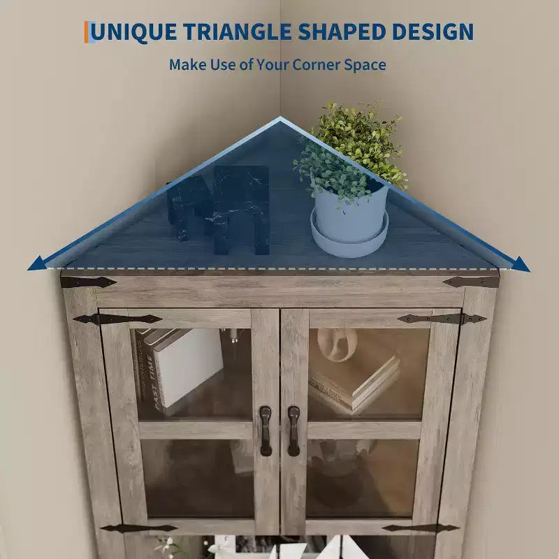 69 Tall Corner Cabinet, Farmhouse Corner Storage Cabinet, Space Saving Storage, Glass Door, Adjustable Shelves, for Living Room, Kitchen