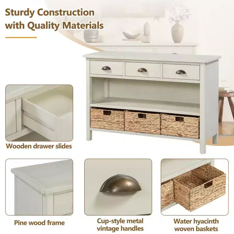 Entryway Console Table with Storage, Farmhouse Hallway Table with 3 Drawers and 3 Water Hyacinth Baskets for Living Room or Foyer - Panipeachy