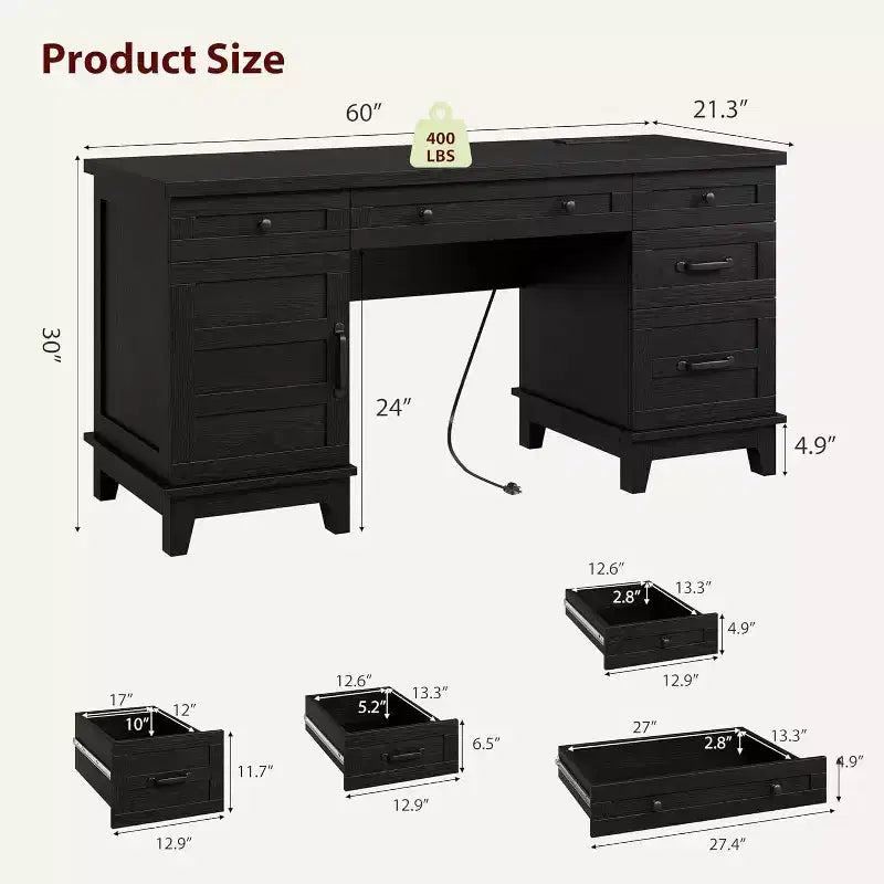 60 Executive Desk with Drawers, Home Office Desk with Charging Station, Wooden Computer Writing Desk for Study, Conference Table for Living Room