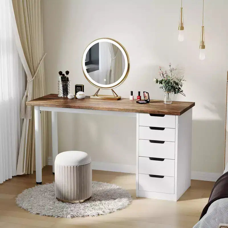 47 Inch Computer Desk with 5 Storage Drawers, Reversible Modern Rustic Study Writing Table, Home Office Workstation for Small Spaces