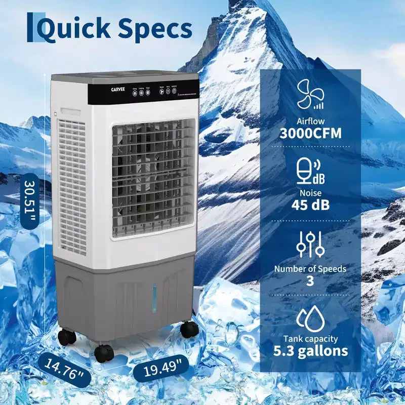 Air Cooler Evaporative Air Cooler with Water Tank, 4 Ice Packs, 3-Speed, 120 Oscillation, Remote Control and 12H Timer, 150W Portable Floor