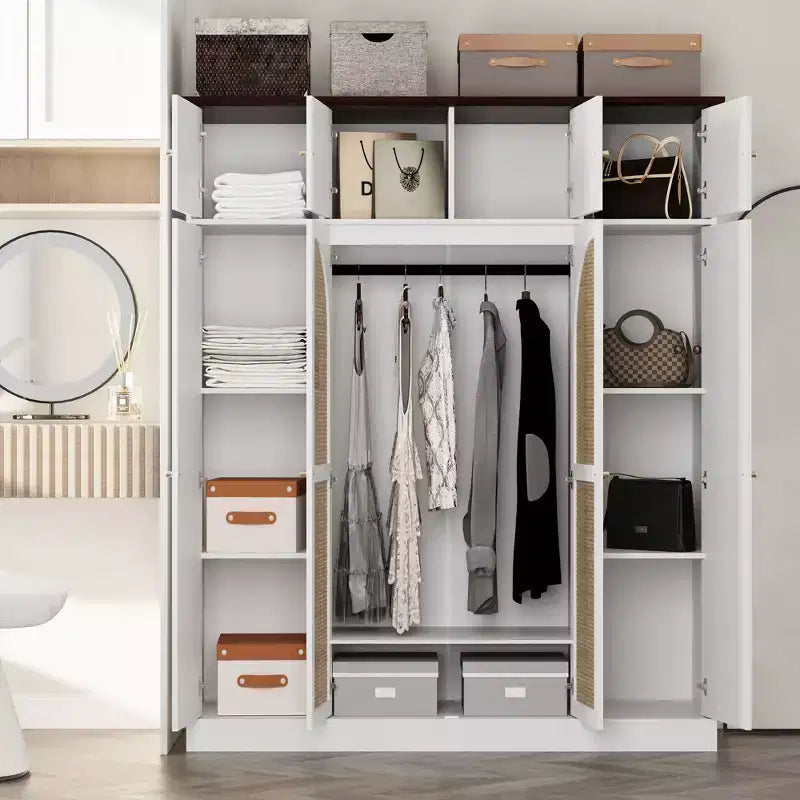 70.87Tall 8-Door Large Capacity Armoire Wardrobe Closet with Hanging Rod, Adjustable Shelves and Rattan Decorative Doors