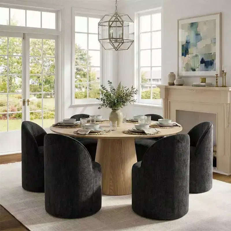 Modern Dining Table Set For 6, Round Pedestal Dining Table, Swivel Rolling Barrel Chairs With Wheels, Textured Chenille- Panipeachy